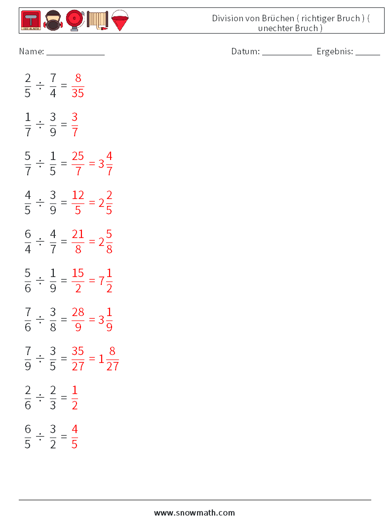 (10) Division von Brüchen ( richtiger Bruch ) ( unechter Bruch ) Mathe-Arbeitsblätter 5 Frage, Antwort