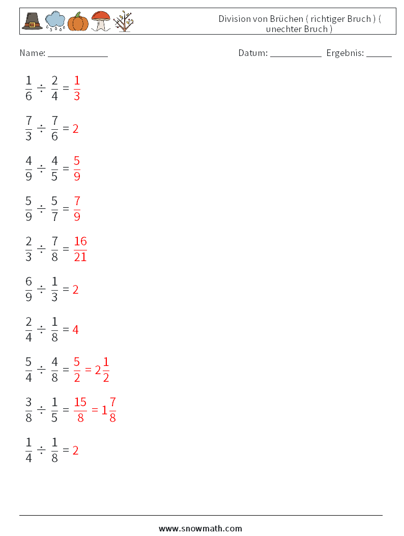 (10) Division von Brüchen ( richtiger Bruch ) ( unechter Bruch ) Mathe-Arbeitsblätter 6 Frage, Antwort