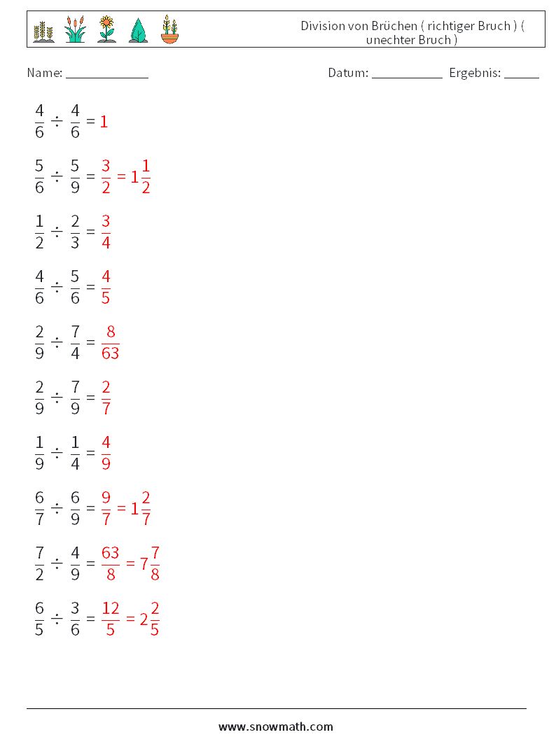 (10) Division von Brüchen ( richtiger Bruch ) ( unechter Bruch ) Mathe-Arbeitsblätter 7 Frage, Antwort