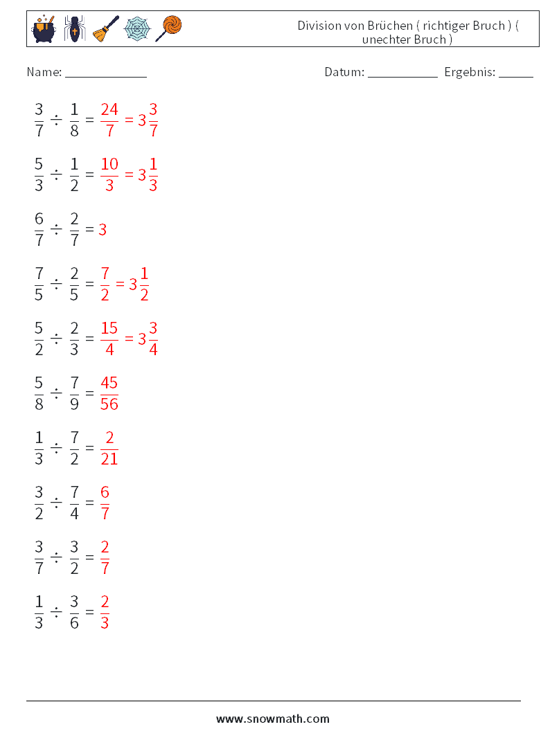 (10) Division von Brüchen ( richtiger Bruch ) ( unechter Bruch ) Mathe-Arbeitsblätter 8 Frage, Antwort