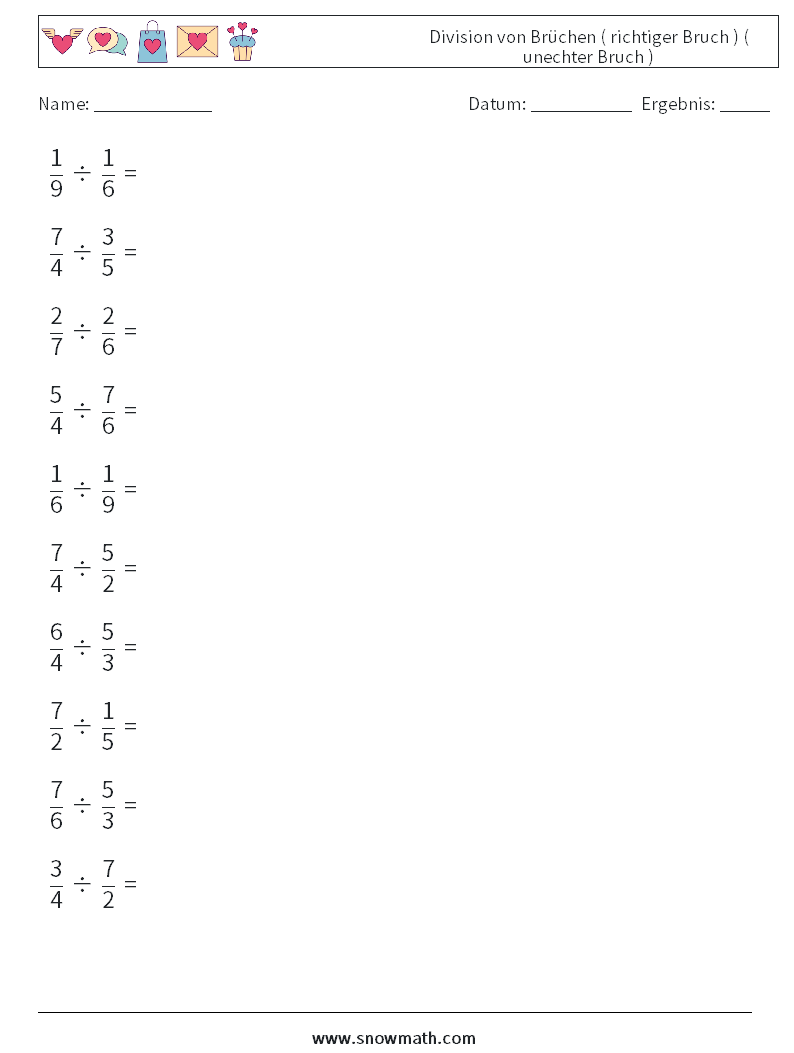 (10) Division von Brüchen ( richtiger Bruch ) ( unechter Bruch ) Mathe-Arbeitsblätter 9