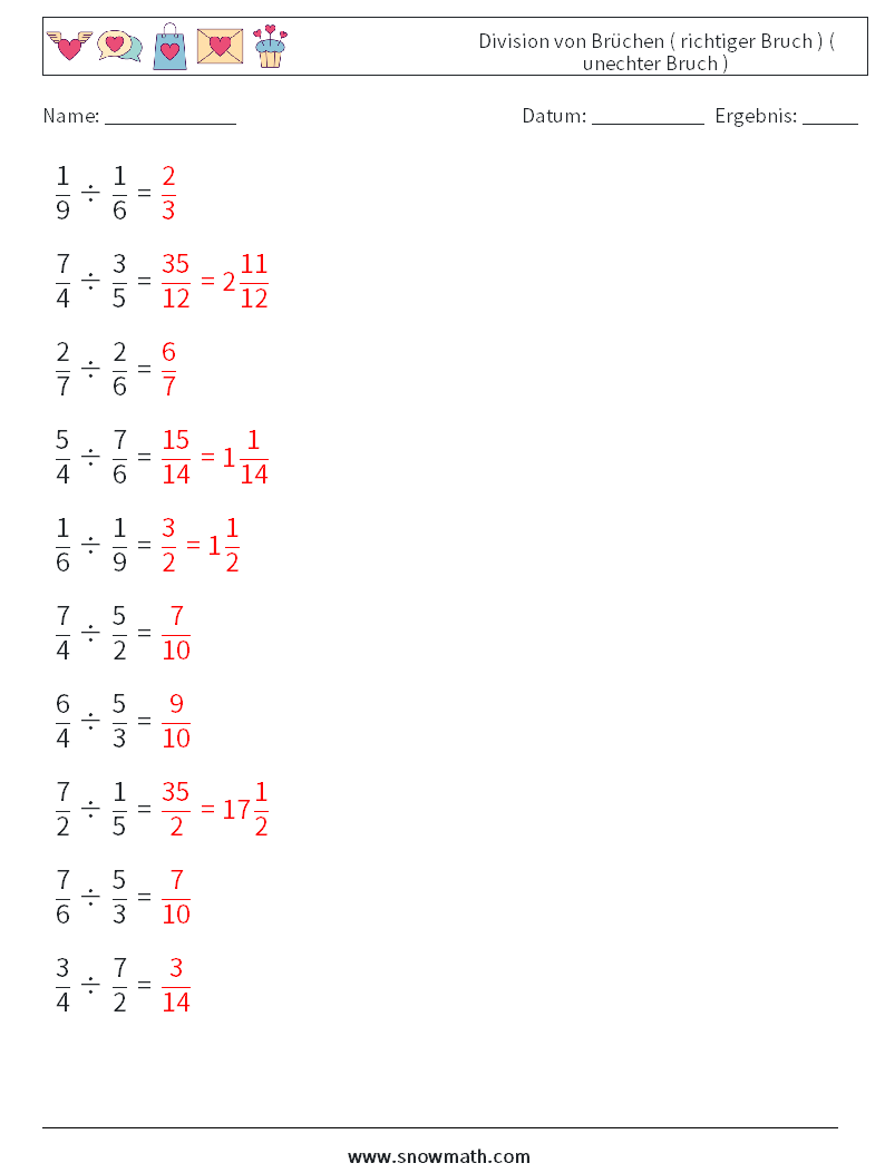 (10) Division von Brüchen ( richtiger Bruch ) ( unechter Bruch ) Mathe-Arbeitsblätter 9 Frage, Antwort