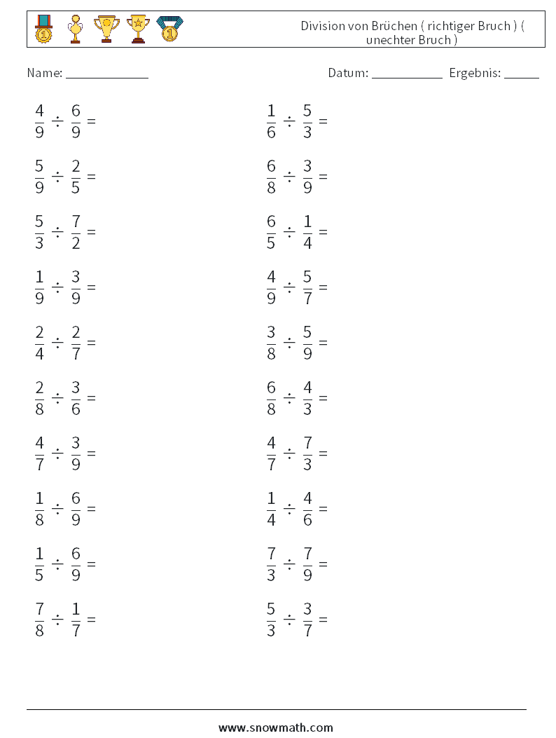 (20) Division von Brüchen ( richtiger Bruch ) ( unechter Bruch ) Mathe-Arbeitsblätter 10