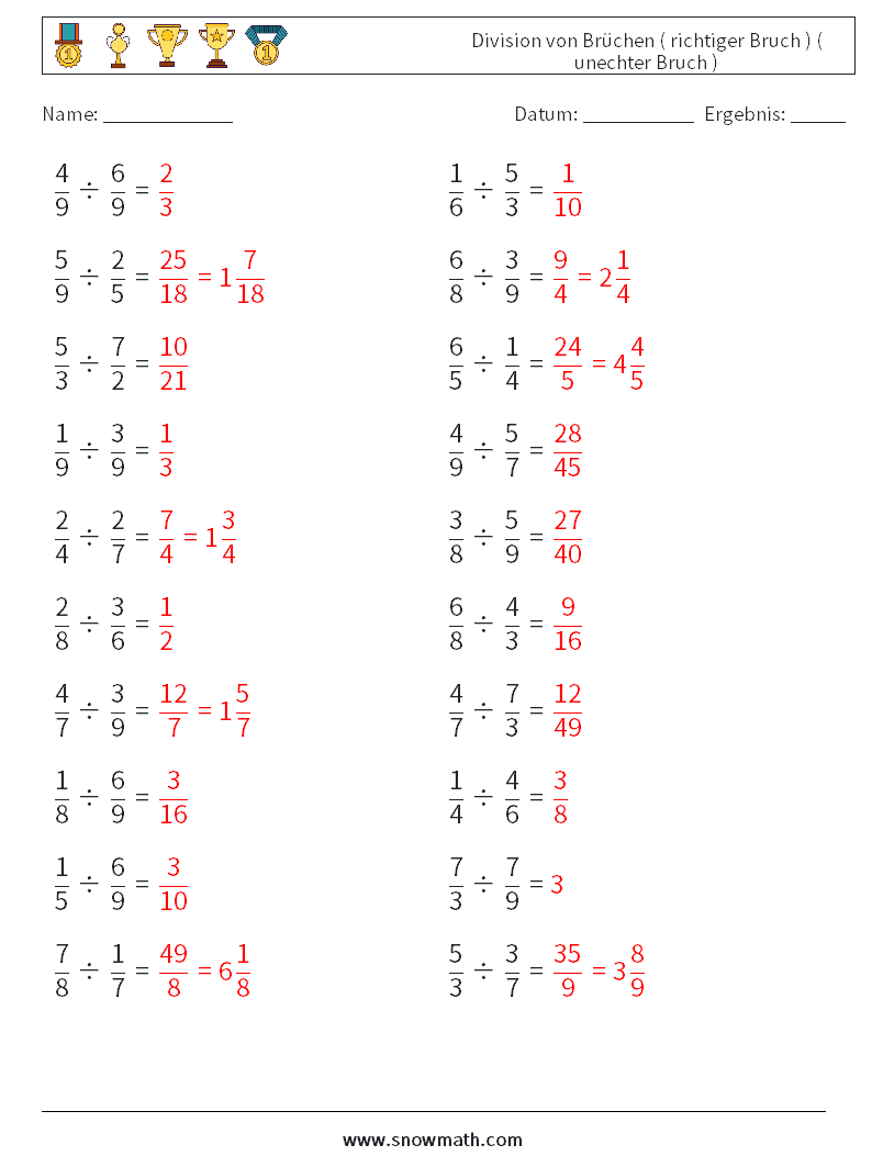 (20) Division von Brüchen ( richtiger Bruch ) ( unechter Bruch ) Mathe-Arbeitsblätter 10 Frage, Antwort