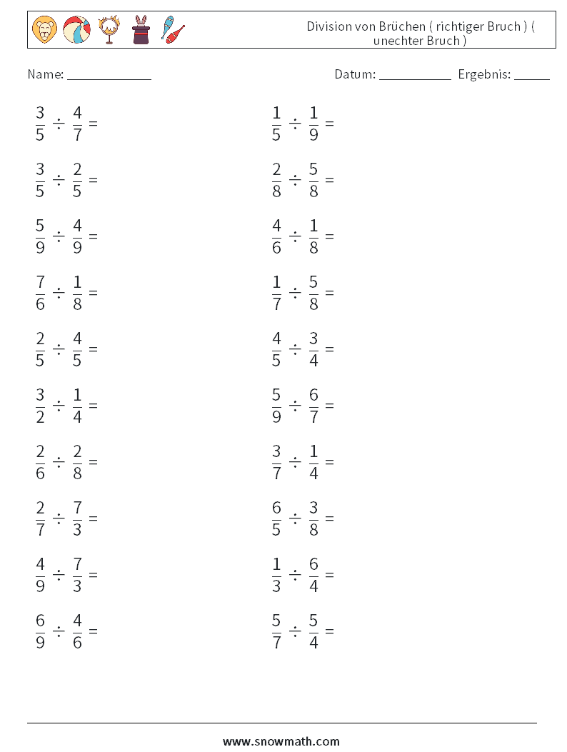 (20) Division von Brüchen ( richtiger Bruch ) ( unechter Bruch ) Mathe-Arbeitsblätter 11