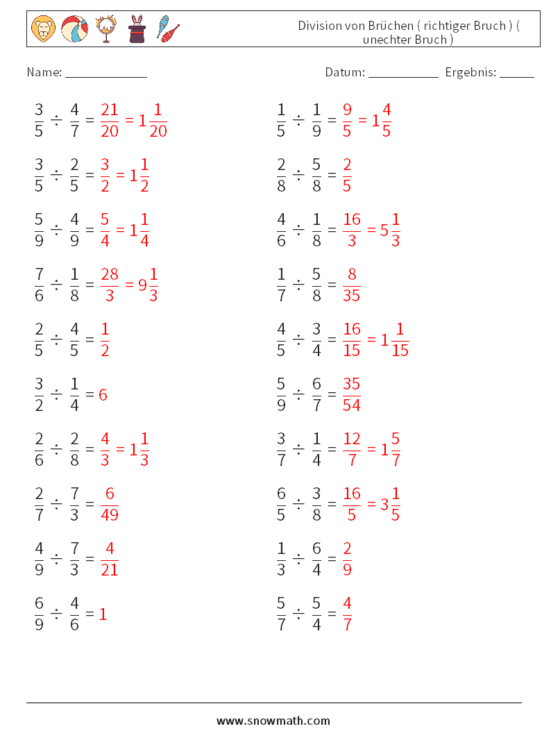 (20) Division von Brüchen ( richtiger Bruch ) ( unechter Bruch ) Mathe-Arbeitsblätter 11 Frage, Antwort