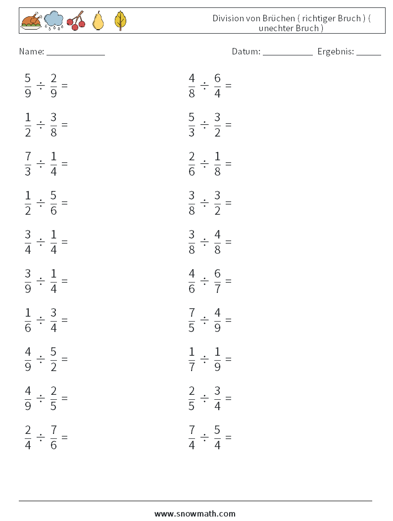 (20) Division von Brüchen ( richtiger Bruch ) ( unechter Bruch ) Mathe-Arbeitsblätter 12