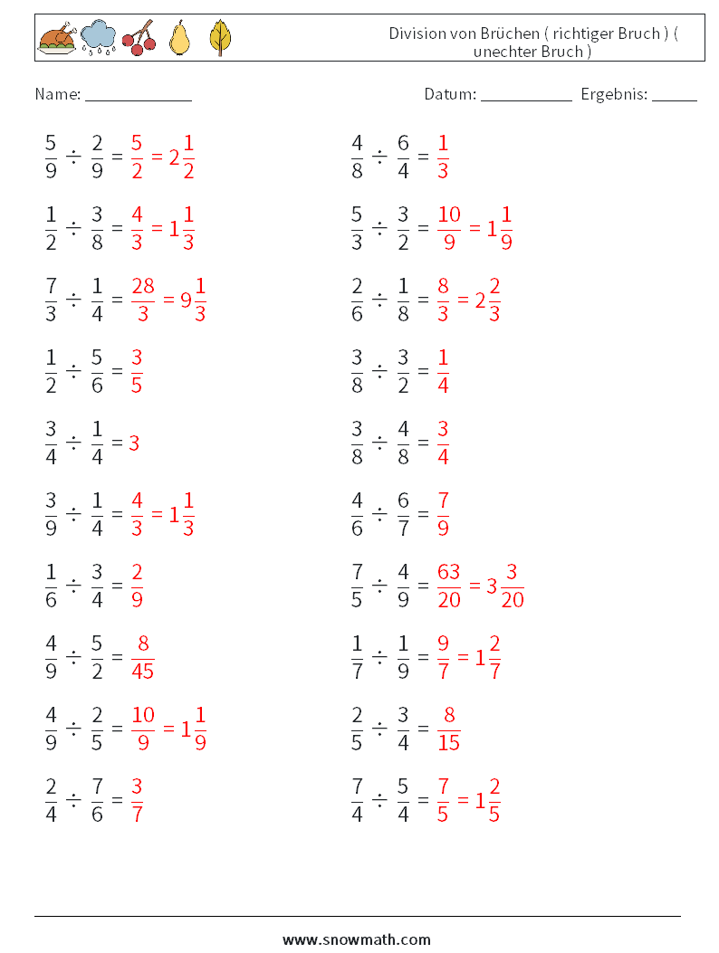 (20) Division von Brüchen ( richtiger Bruch ) ( unechter Bruch ) Mathe-Arbeitsblätter 12 Frage, Antwort