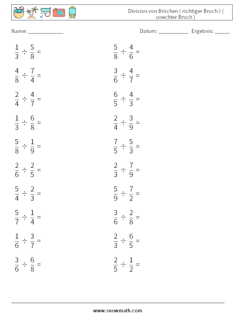 (20) Division von Brüchen ( richtiger Bruch ) ( unechter Bruch ) Mathe-Arbeitsblätter 14