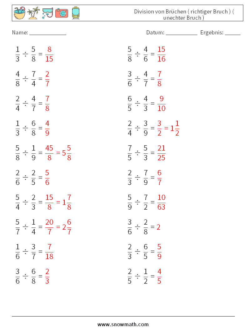 (20) Division von Brüchen ( richtiger Bruch ) ( unechter Bruch ) Mathe-Arbeitsblätter 14 Frage, Antwort