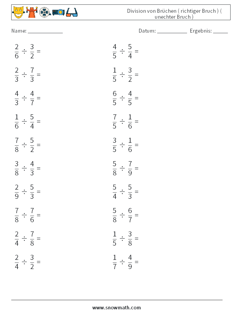 (20) Division von Brüchen ( richtiger Bruch ) ( unechter Bruch ) Mathe-Arbeitsblätter 15