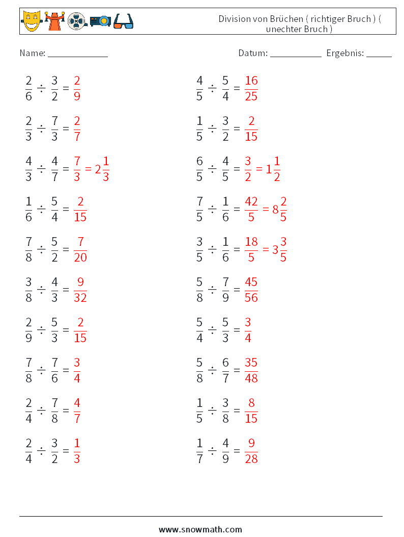 (20) Division von Brüchen ( richtiger Bruch ) ( unechter Bruch ) Mathe-Arbeitsblätter 15 Frage, Antwort