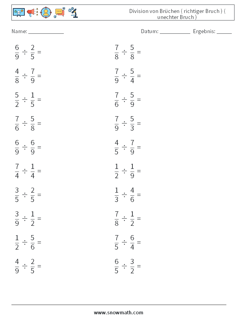 (20) Division von Brüchen ( richtiger Bruch ) ( unechter Bruch ) Mathe-Arbeitsblätter 16