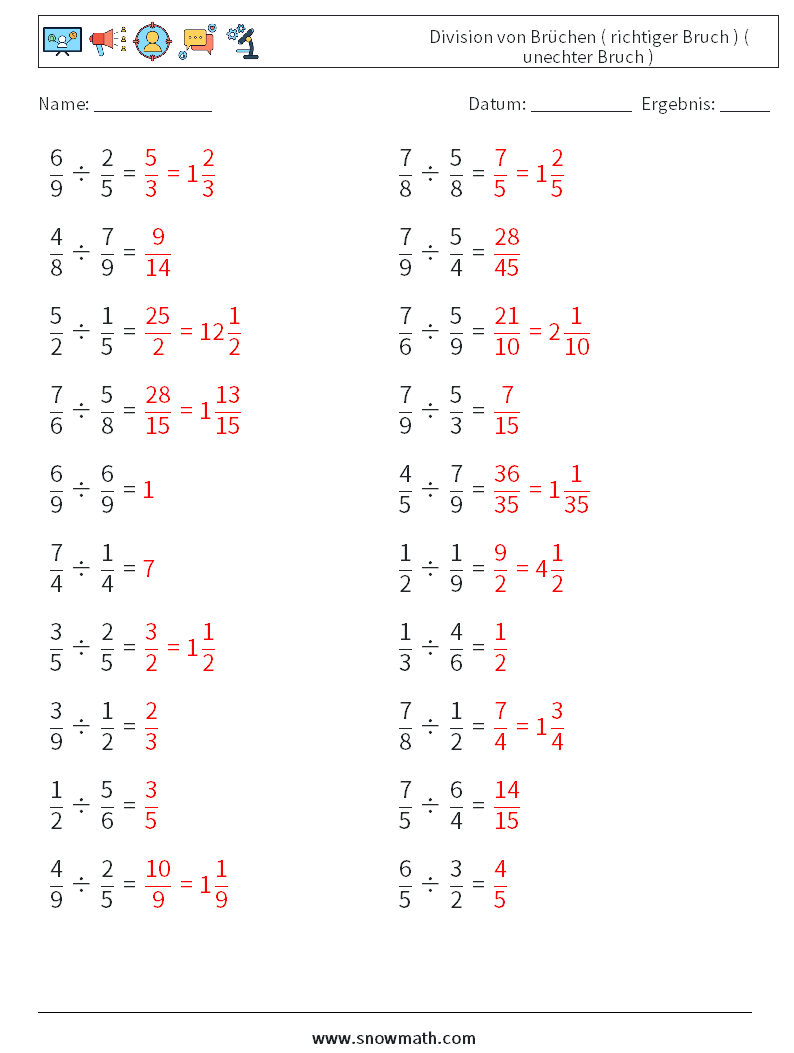 (20) Division von Brüchen ( richtiger Bruch ) ( unechter Bruch ) Mathe-Arbeitsblätter 16 Frage, Antwort