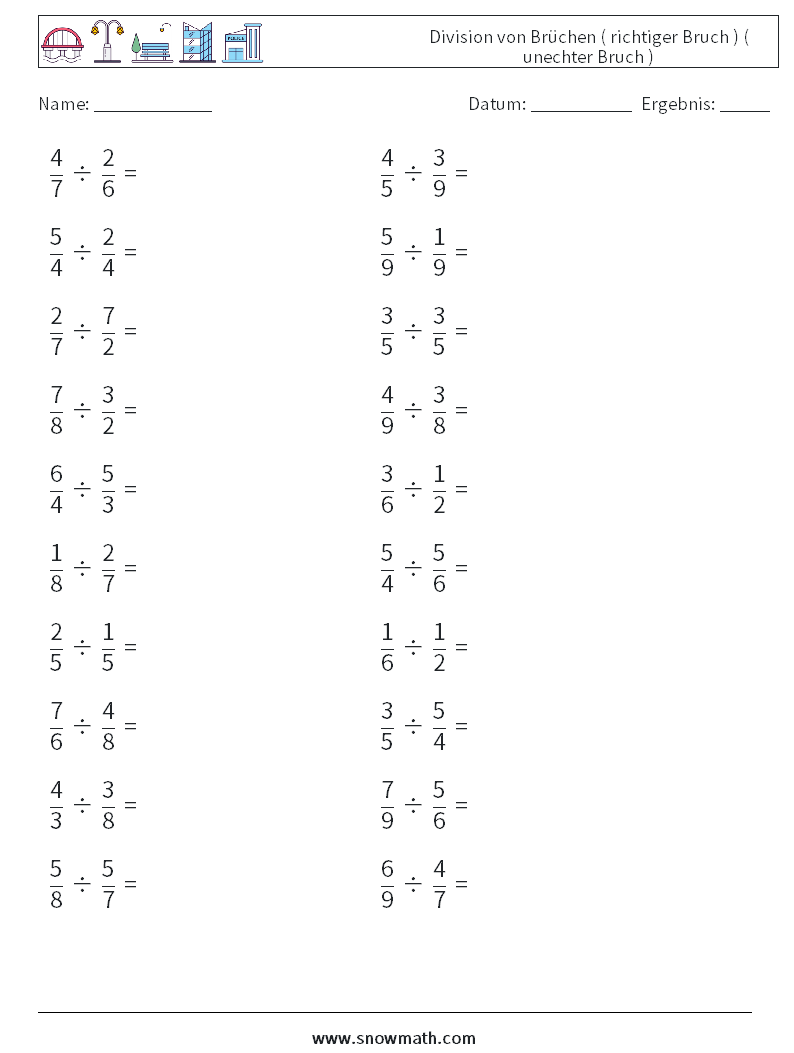 (20) Division von Brüchen ( richtiger Bruch ) ( unechter Bruch ) Mathe-Arbeitsblätter 17