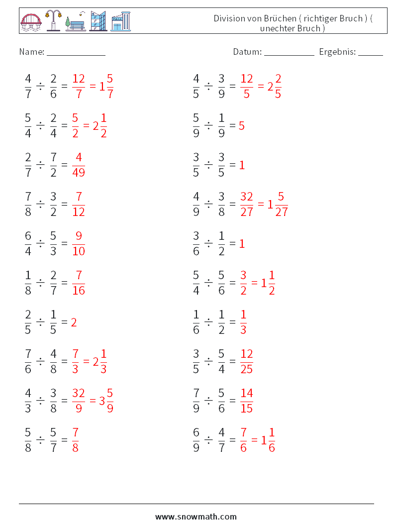 (20) Division von Brüchen ( richtiger Bruch ) ( unechter Bruch ) Mathe-Arbeitsblätter 17 Frage, Antwort