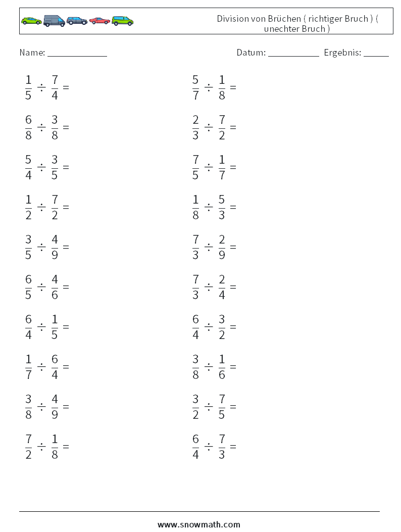 (20) Division von Brüchen ( richtiger Bruch ) ( unechter Bruch ) Mathe-Arbeitsblätter 18