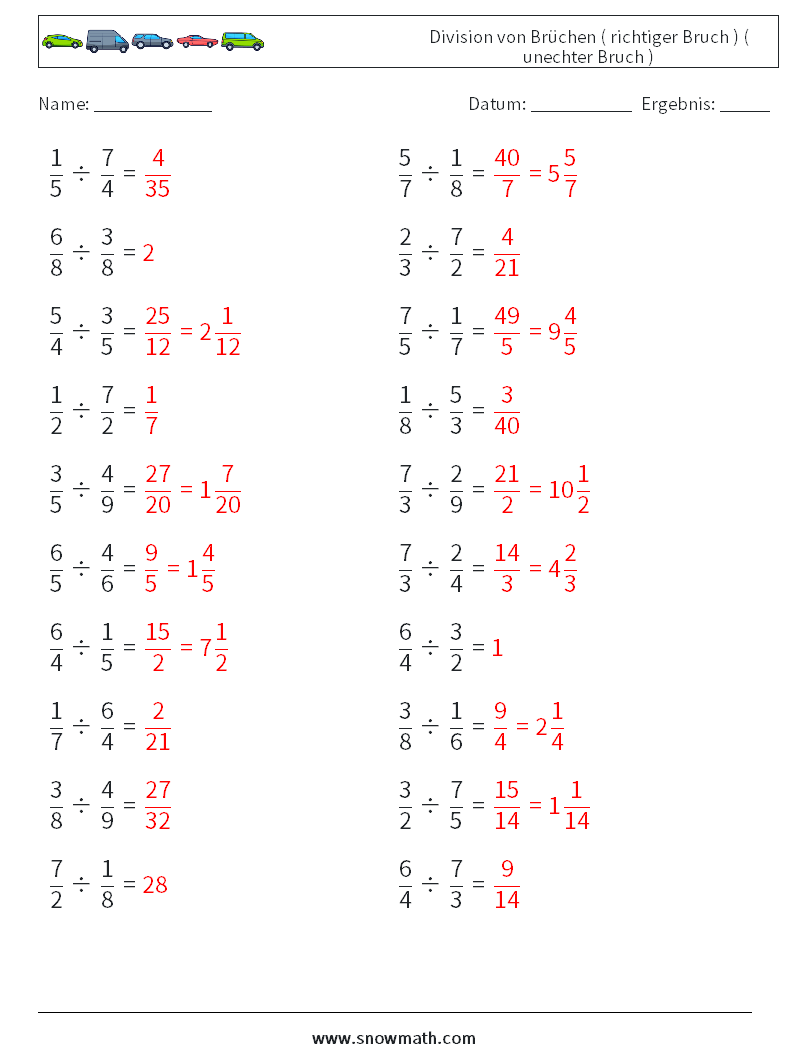 (20) Division von Brüchen ( richtiger Bruch ) ( unechter Bruch ) Mathe-Arbeitsblätter 18 Frage, Antwort