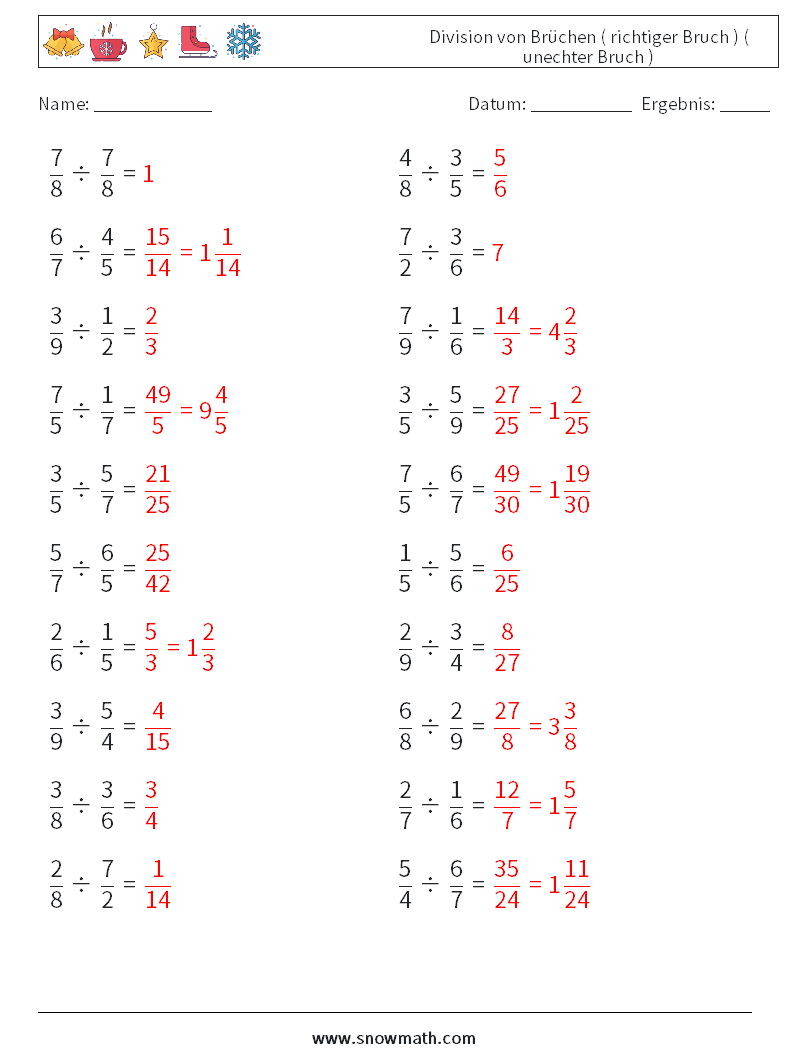 (20) Division von Brüchen ( richtiger Bruch ) ( unechter Bruch ) Mathe-Arbeitsblätter 1 Frage, Antwort