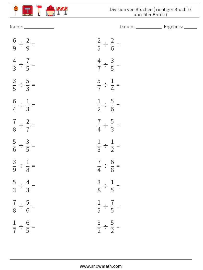 (20) Division von Brüchen ( richtiger Bruch ) ( unechter Bruch ) Mathe-Arbeitsblätter 2