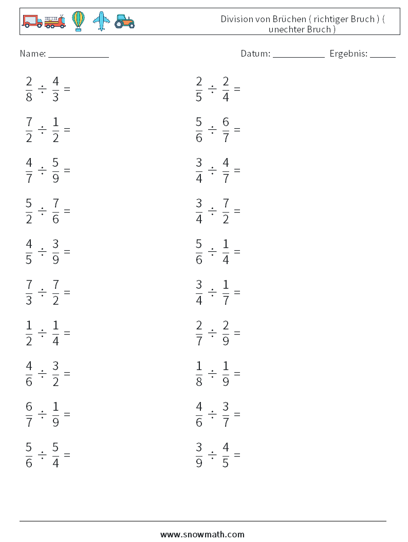 (20) Division von Brüchen ( richtiger Bruch ) ( unechter Bruch ) Mathe-Arbeitsblätter 3