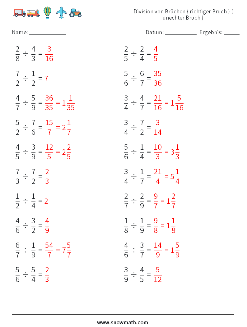 (20) Division von Brüchen ( richtiger Bruch ) ( unechter Bruch ) Mathe-Arbeitsblätter 3 Frage, Antwort