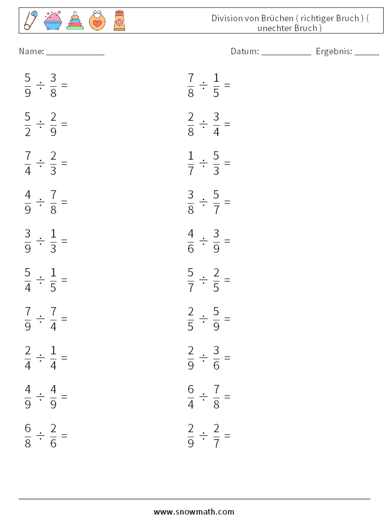 (20) Division von Brüchen ( richtiger Bruch ) ( unechter Bruch ) Mathe-Arbeitsblätter 4