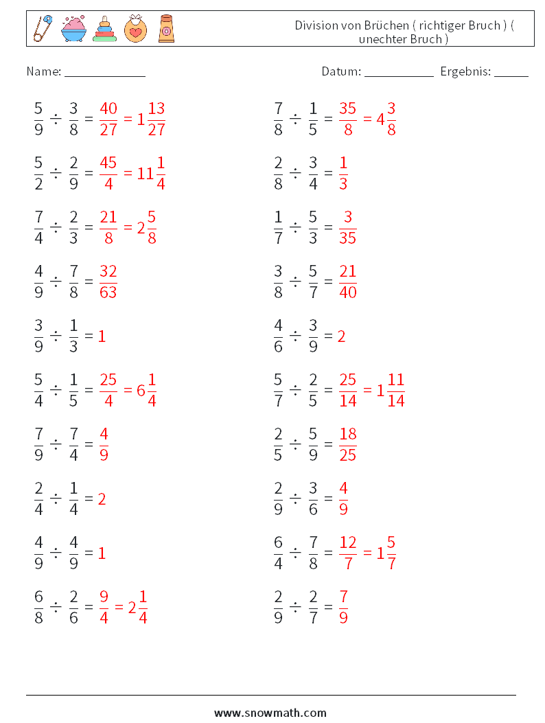 (20) Division von Brüchen ( richtiger Bruch ) ( unechter Bruch ) Mathe-Arbeitsblätter 4 Frage, Antwort