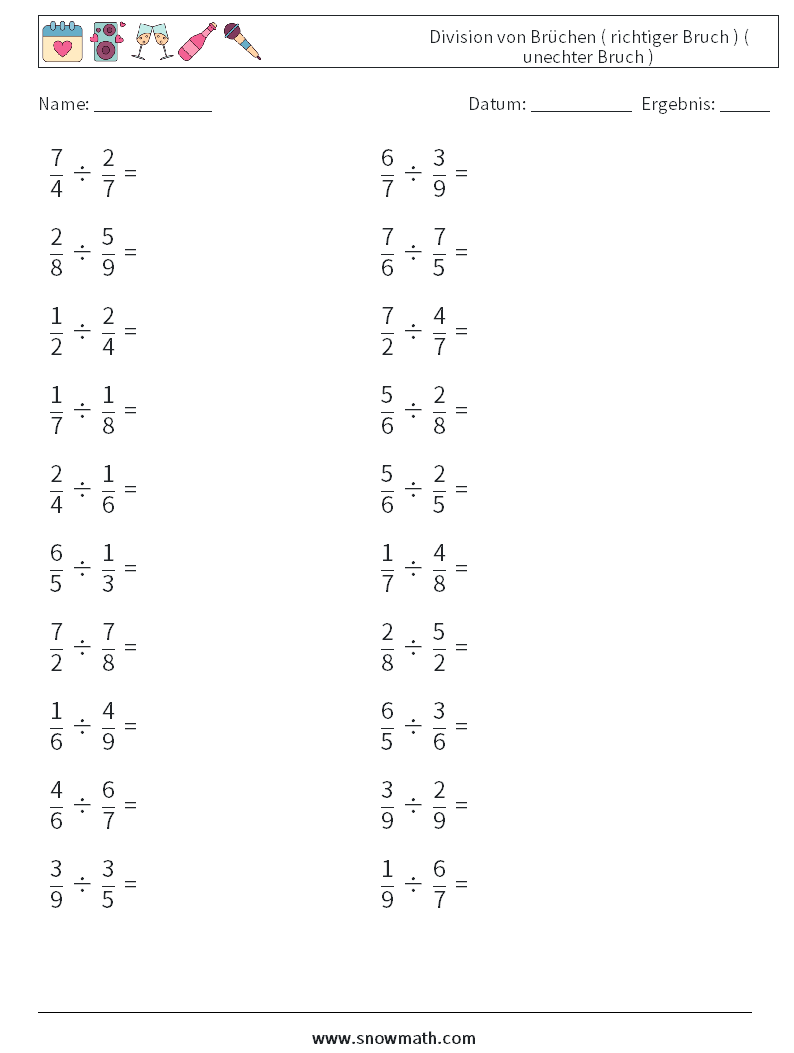 (20) Division von Brüchen ( richtiger Bruch ) ( unechter Bruch ) Mathe-Arbeitsblätter 5