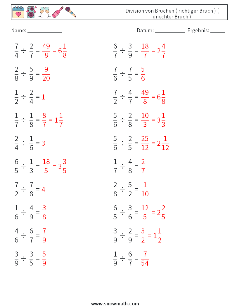 (20) Division von Brüchen ( richtiger Bruch ) ( unechter Bruch ) Mathe-Arbeitsblätter 5 Frage, Antwort