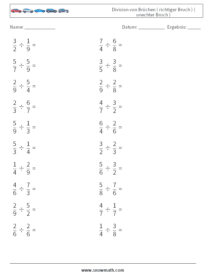 (20) Division von Brüchen ( richtiger Bruch ) ( unechter Bruch ) Mathe-Arbeitsblätter 6