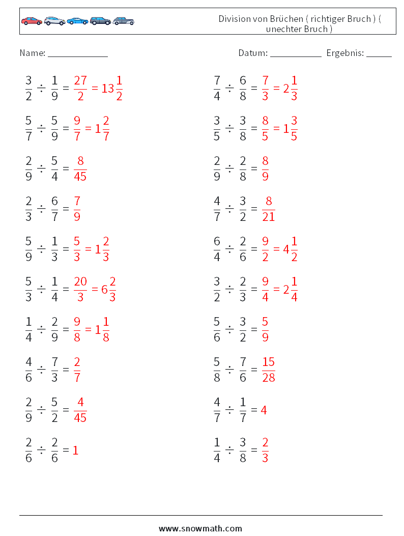 (20) Division von Brüchen ( richtiger Bruch ) ( unechter Bruch ) Mathe-Arbeitsblätter 6 Frage, Antwort