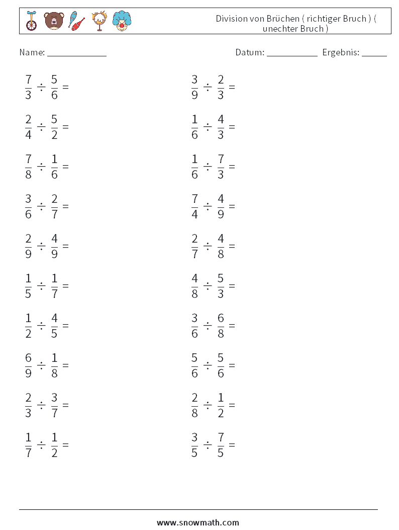 (20) Division von Brüchen ( richtiger Bruch ) ( unechter Bruch ) Mathe-Arbeitsblätter 7