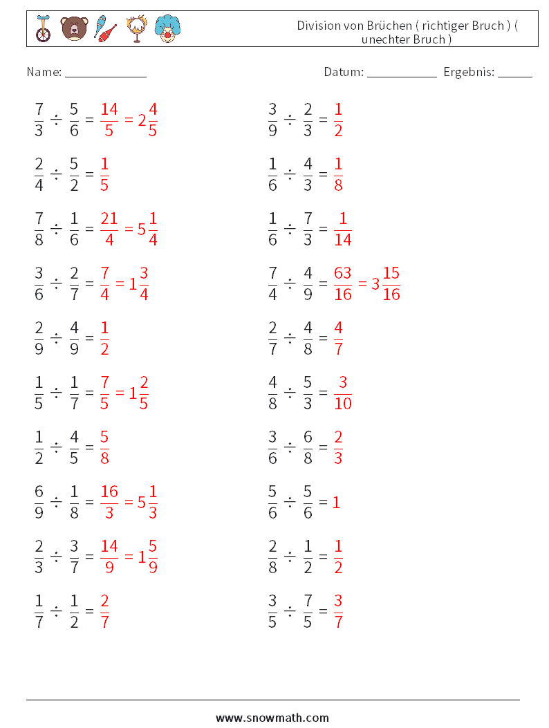 (20) Division von Brüchen ( richtiger Bruch ) ( unechter Bruch ) Mathe-Arbeitsblätter 7 Frage, Antwort