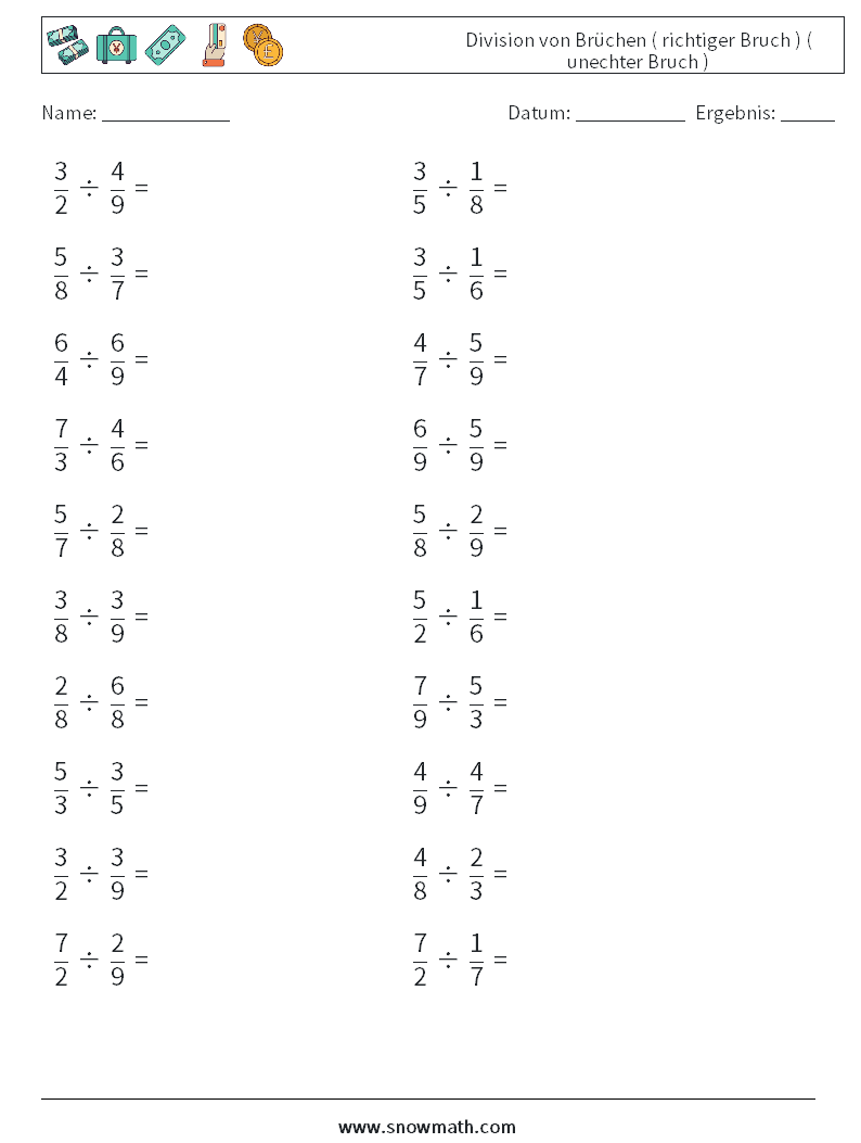 (20) Division von Brüchen ( richtiger Bruch ) ( unechter Bruch ) Mathe-Arbeitsblätter 8