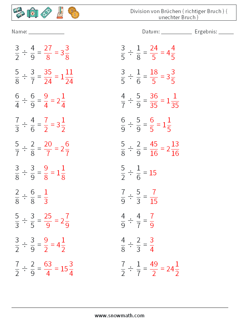 (20) Division von Brüchen ( richtiger Bruch ) ( unechter Bruch ) Mathe-Arbeitsblätter 8 Frage, Antwort