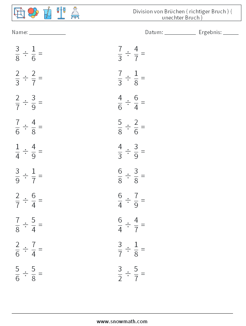 (20) Division von Brüchen ( richtiger Bruch ) ( unechter Bruch ) Mathe-Arbeitsblätter 9