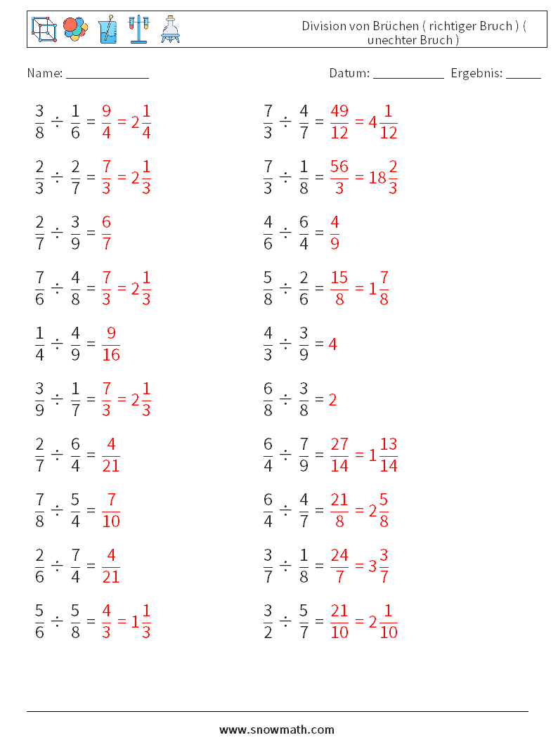 (20) Division von Brüchen ( richtiger Bruch ) ( unechter Bruch ) Mathe-Arbeitsblätter 9 Frage, Antwort