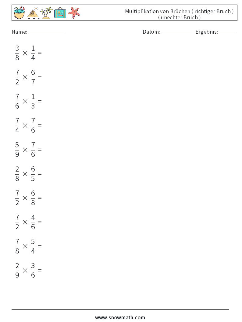 (10) Multiplikation von Brüchen ( richtiger Bruch ) ( unechter Bruch ) Mathe-Arbeitsblätter 10