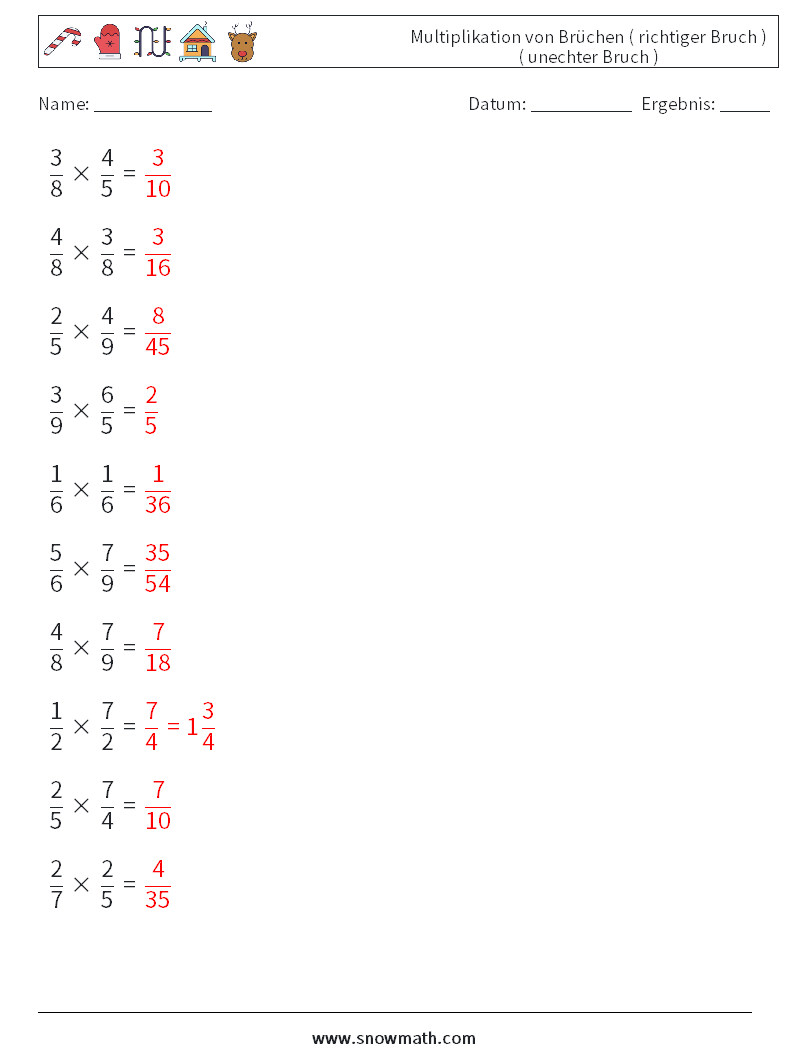 (10) Multiplikation von Brüchen ( richtiger Bruch ) ( unechter Bruch ) Mathe-Arbeitsblätter 12 Frage, Antwort