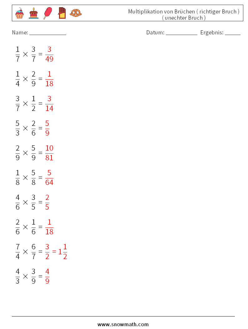 (10) Multiplikation von Brüchen ( richtiger Bruch ) ( unechter Bruch ) Mathe-Arbeitsblätter 14 Frage, Antwort