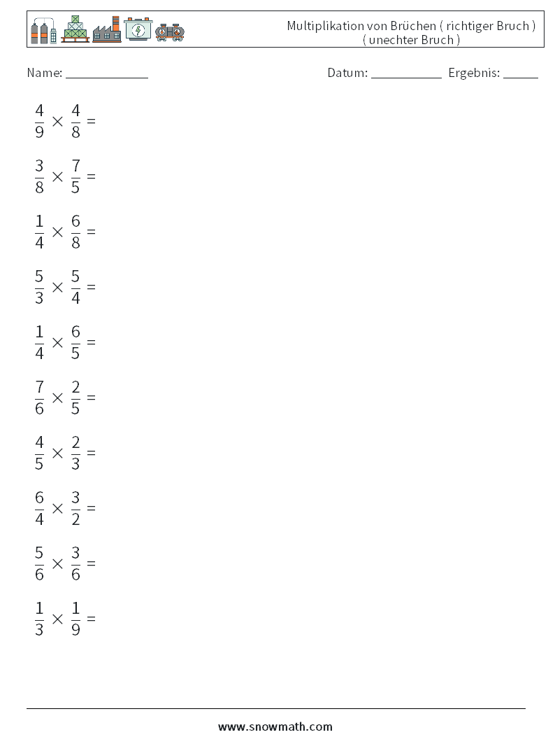 (10) Multiplikation von Brüchen ( richtiger Bruch ) ( unechter Bruch ) Mathe-Arbeitsblätter 15