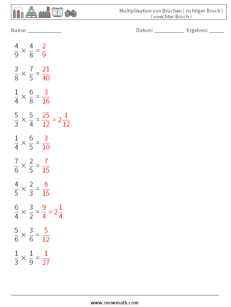 (10) Multiplikation von Brüchen ( richtiger Bruch ) ( unechter Bruch ) Mathe-Arbeitsblätter 15 Frage, Antwort