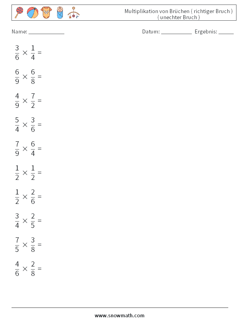 (10) Multiplikation von Brüchen ( richtiger Bruch ) ( unechter Bruch ) Mathe-Arbeitsblätter 16