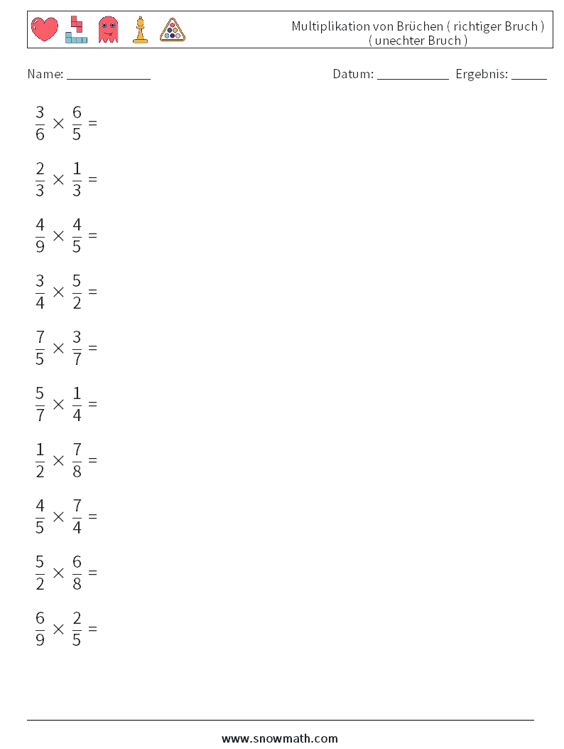 (10) Multiplikation von Brüchen ( richtiger Bruch ) ( unechter Bruch ) Mathe-Arbeitsblätter 17