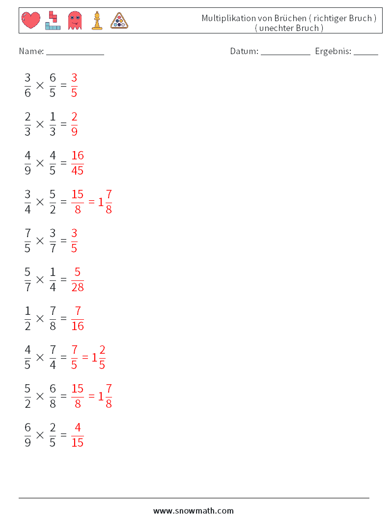 (10) Multiplikation von Brüchen ( richtiger Bruch ) ( unechter Bruch ) Mathe-Arbeitsblätter 17 Frage, Antwort