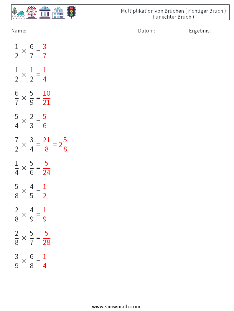 (10) Multiplikation von Brüchen ( richtiger Bruch ) ( unechter Bruch ) Mathe-Arbeitsblätter 1 Frage, Antwort