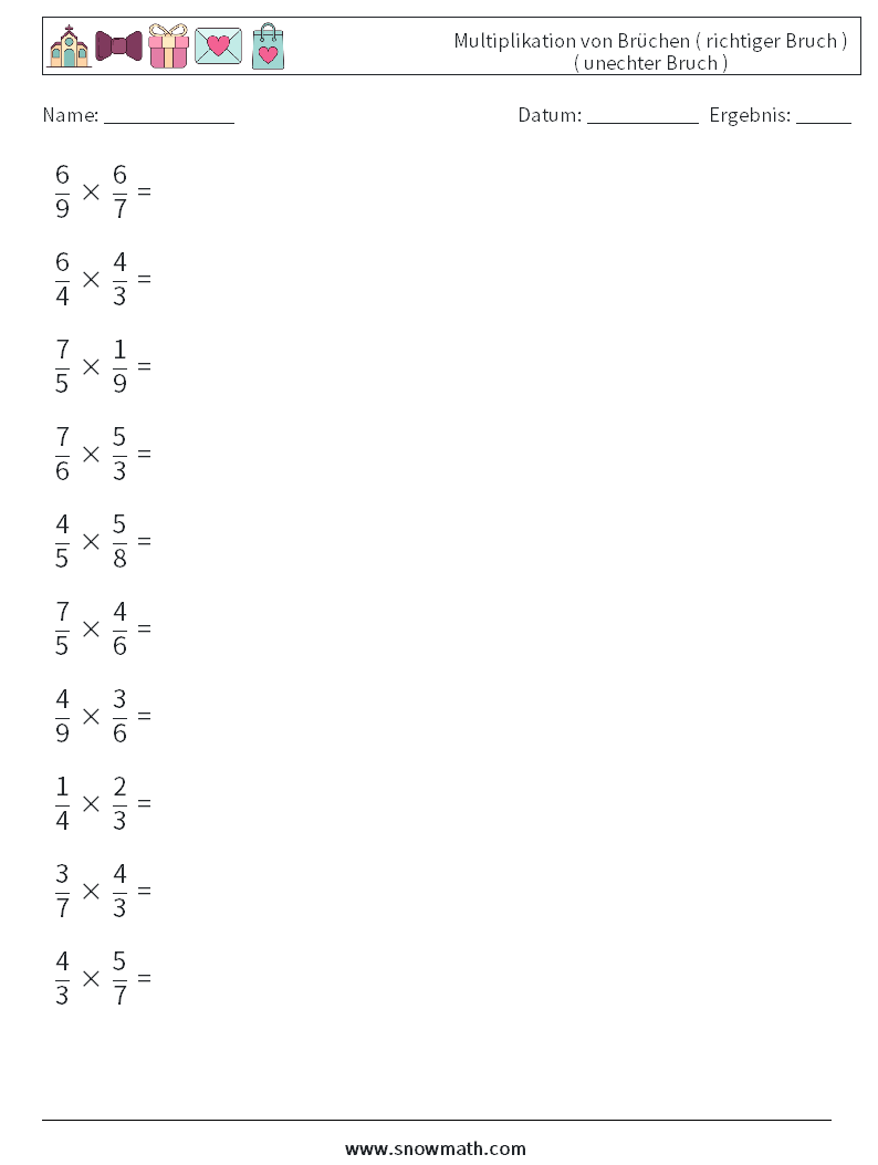 (10) Multiplikation von Brüchen ( richtiger Bruch ) ( unechter Bruch ) Mathe-Arbeitsblätter 2