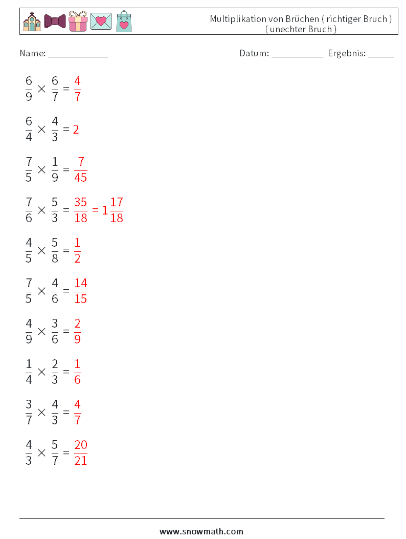 (10) Multiplikation von Brüchen ( richtiger Bruch ) ( unechter Bruch ) Mathe-Arbeitsblätter 2 Frage, Antwort