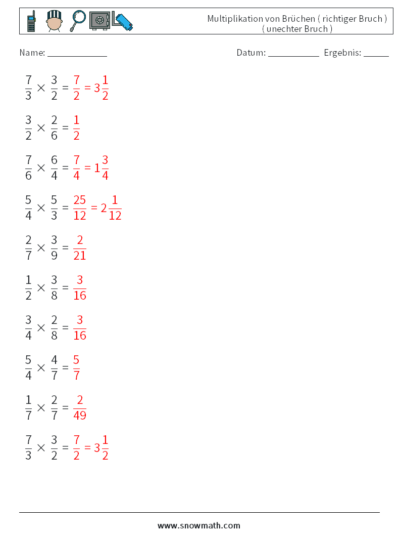 (10) Multiplikation von Brüchen ( richtiger Bruch ) ( unechter Bruch ) Mathe-Arbeitsblätter 4 Frage, Antwort